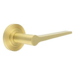 Burlington by Frelan Satin Brass Fire Rated Door Handles on Round Reeded Rose - Knightsbridge Range
