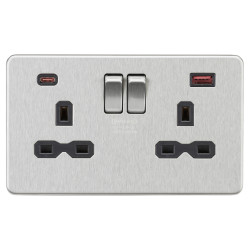 Knightsbridge 13A 2 Gang Type A/C 45W Fastcharge USB Socket with 2 x USB - Brushed Chrome/Black