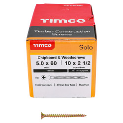 TIMCO Solo Chippy Pozi Countersunk Wood Screws - 5.0 x 60mm - Yellow Zinc - Pack of 200