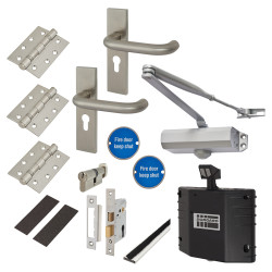 Light Duty Euro Lock Door Handle on Backplate Fire Door Kit & Dorgard Holder - Power Size 3 - Silver