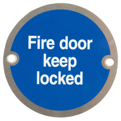 Altro Fire Door Keep Locked Door Sign - 75mm Diameter - Satin Stainless Steel