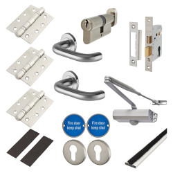 Light Duty Euro Lock Door Handle on Rose Fire Door Kit - Power Size 3 - Satin Stainless