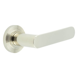 Burlington by Frelan Polished Nickel Fire Rated Door Handles on Round Reeded Rose - Kensington Range