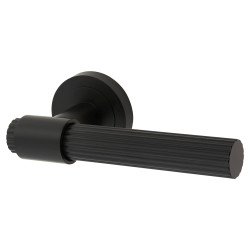 Altro Matt Black Lines Door Handles on Round Rose - Eva Range