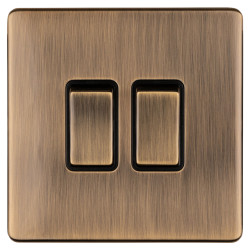 Eurolite Concealed 10A 2 Gang 2 Way Screwless Flat Plate Light Switch - Antique Brass/Black