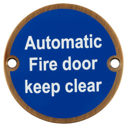 Hampstead Automatic Fire Door Keep Clear Shut Door Sign - 75mm Diameter - Antique Brass
