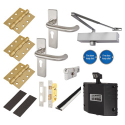 Medium Duty Euro Lock Door Handle on Backplate Fire Door Kit & Dorgard Holder - Stainless Steel