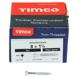 TIMCO Twin Threaded Pozi Round Head Wood Screws - 8 x 1 1/2" - Zinc Plated - Pack of 200