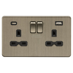 Knightsbridge 13A 2 Gang Screwless Type A/C USB Socket with 2 x USB - 4A - Antique Brass/Black