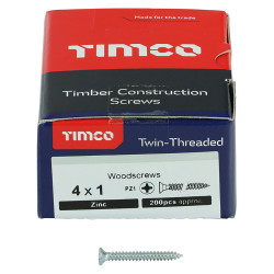 TIMCO Twin Threaded Pozi Countersunk Wood Screws - 4 x 1" - Zinc Plated - Pack of 200