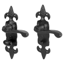 Olde Forge Antique Black Iron Scroll Bathroom Door Handles - Fleur de Lys Range - 178 x 55mm