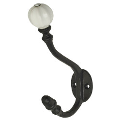 Olde Forge Single Hat & Coat Hook - 140 x 80mm - Antique Black Iron & Porcelain