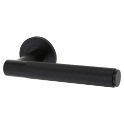 Alexander and Wilks Matt Black Knurled Door Handles on Round Rose - Spitfire Range