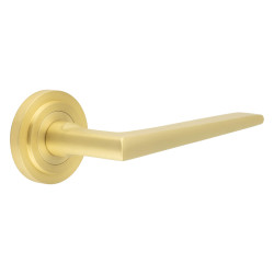Burlington by Frelan Satin Brass Fire Rated Door Handles on Round Stepped Rose - Mayfair Range