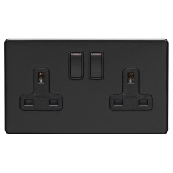 Eurolite Concealed 13A 2 Gang Screwless Flat Plate DP Switched Socket - Matt Black/Black