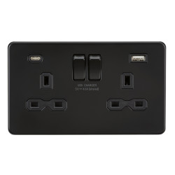 Knightsbridge 13A 2 Gang Screwless Type A/C USB Socket with 2 x USB - 4A - Matt Black/Black