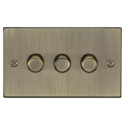 Knightsbridge 5 - 150W 3 Gang 2 Way Push On/Off Rotary Square Intelligent LED Dimmer - Antique Brass