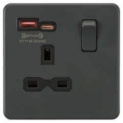 Knightsbridge 13A 1 Gang Flat Plate Type A/C USB Socket with 2 x USB - 1.5A - Anthracite/Black