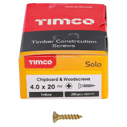 TIMCO Solo Chippy Pozi Countersunk Wood Screws - 4.0 x 20mm - Yellow Zinc - Pack of 200