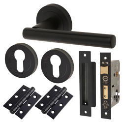 Touchpoint Matt Black Euro Lock Door Handles on Rose Pack - Ella Range