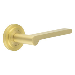 Burlington by Frelan Satin Brass Fire Rated Door Handles on Round Stepped Rose - Fitzrovia Range