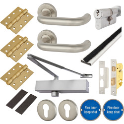 Medium Duty Euro Lock Door Handle on Rose Fire Door Kit - Power Size 2-4 - Stainless Steel
