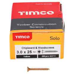TIMCO Solo Chippy Pozi Countersunk Wood Screws - 3.0 x 25mm - Yellow Zinc - Pack of 200