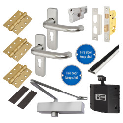 Medium Duty Euro Lock Door Handle on Backplate Fire Door Kit & Dorgard Holder - Push/Pull -Aluminium
