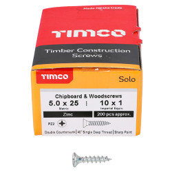 TIMCO Solo Chippy Pozi Countersunk Wood Screws - 5.0 x 25mm - Zinc Plated - Pack of 200