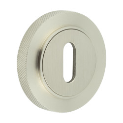 Burlington BUR60 by Frelan Escutcheon on Knurled Rose - 53mm Diameter - Keyhole - Satin Nickel