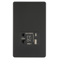 Knightsbridge 230V Shaver Socket with Type A/C USB Ports - 2.4A - Matt Black