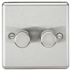 Knightsbridge 5-150W 2 Gang 2 Way Push On/Off Rotary Rounded Intelligent LED Dimmer - Brushed Chrome