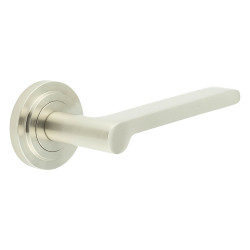 Burlington by Frelan Satin Nickel Fire Rated Door Handles on Round Stepped Rose - Fitzrovia Range