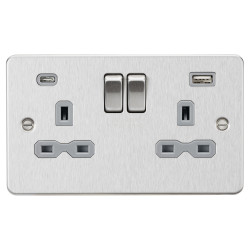 Knightsbridge 13A 2 Gang Flat Plate Type A/C USB Socket with 2 x USB - 4A - Brushed Chrome/Grey