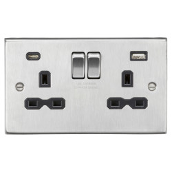 Knightsbridge 13A 2 Gang Square Edge Type A/C USB Socket with 2 x USB - 4A - Brushed Chrome/Black