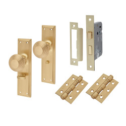 Hampstead Satin Brass Reeded Bathroom Lock Mortice Door Knobs on Backplate Pack - Miller Range - 205 x 52mm