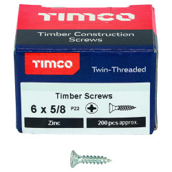 TIMCO Twin Threaded Pozi Countersunk Wood Screws - 6 x 5/8" - Zinc Plated - Pack of 200