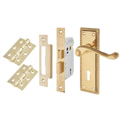 Touchpoint Polished Brass Georgian Rope Edge Scroll 3 Lever Sashlock Door Handles Pack