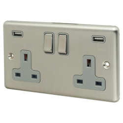 Eurolite Enhance Decorative 13A 2 Gang USB Socket with 2 x USB - 3.1A - Satin Steel/Grey Insert