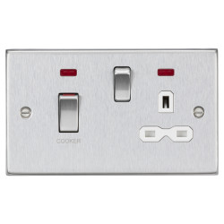 Knightsbridge 45A Square Edge DP Cooker Switch & 13A Socket & Neons - Brushed Chrome & White Insert