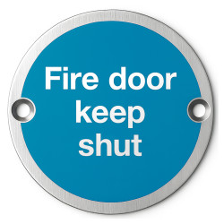 Altro Light Blue Fire Door Keep Shut Door Sign - 75mm Diameter - Satin Stainless Steel