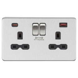 Knightsbridge 13A 2 Gang Type A/C Fastcharge USB Socket with 2 x USB - 4A - Brushed Chrome/Black