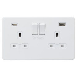 Knightsbridge 13A 2 Gang Screwless Type A/C USB Socket with 2 x USB - 4A - Matt White/White