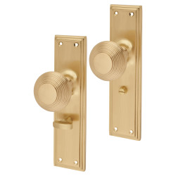 Hampstead Satin Brass Reeded Bathroom Mortice Door Knob on Backplate - 205 x 52mm - Miller Range