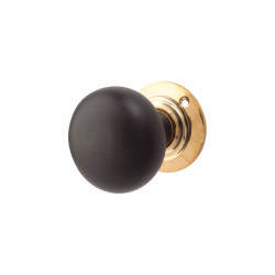 Olde Forge Ebony Knob & Polished Brass Rose Bun Mortice Door Knob - 57mm Rose Diameter