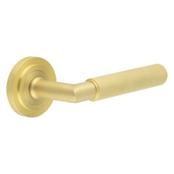 Burlington by Frelan Satin Brass Knurled Fire Rated Door Handles on Round Stepped Rose - Piccadilly Range