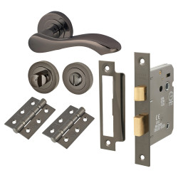 Touchpoint Black Nickel Scroll Bathroom Lock Door Handles on Rose Pack - Scarlett Range