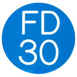 Altro FD30 Fire Door Sign - Self Adhesive - 50mm Diameter - Rigid Plastic - Blue