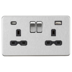Knightsbridge 13A 2 Gang Screwless Type A/C USB Socket with 2 x USB - 4A - Brushed Chrome/Black