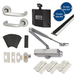 Light Duty Latch Door Handle on Rose Fire Door Kit - Hold Open - Aluminium